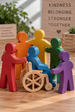 Diverse group of wooden figures embracing person in wheelchair unity and inclusion