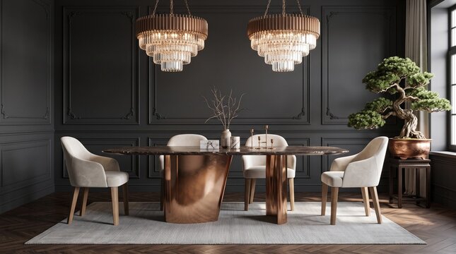 Modern luxury dining room interior with dark walls and elegant copper table.