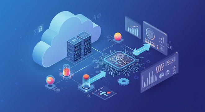 Cloud Computing and Data Processing: An illustration depicting cloud computing infrastructure with servers, a central processing unit, and data flow indicators.