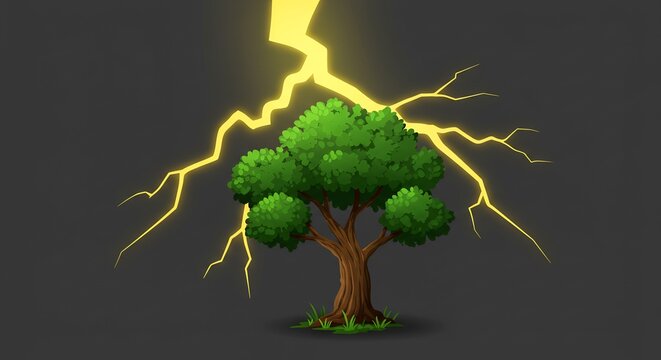 Lightning Strike on Tree: A vibrant green tree stands tall against a dark background as a powerful bolt of yellow lightning strikes its branches, symbolizing nature's raw power.