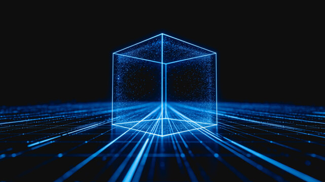A glowing blue holographic wireframe cube sits on a digital grid in dark virtual space, representing futuristic data technology.