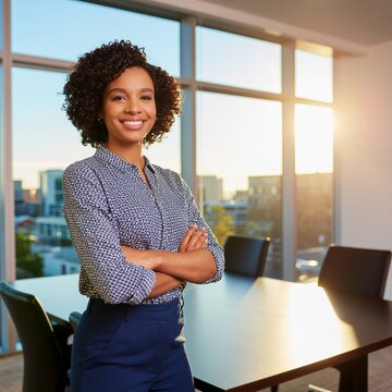 Confident young businesswoman standing in a modern office boardroom with arms crossed.