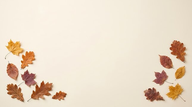 Flat lay of assorted autumn leaves arranged on a beige background