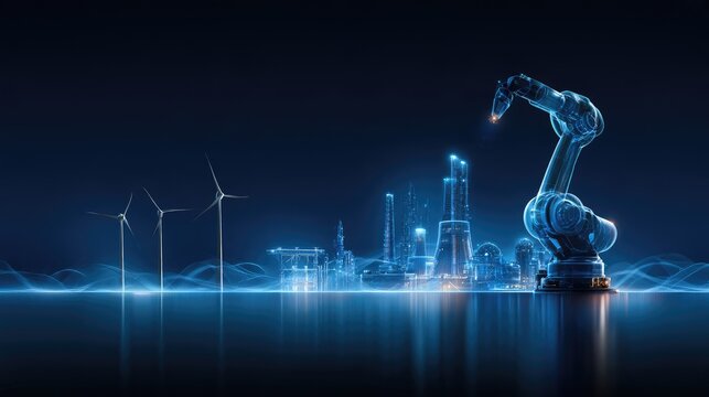Futuristic Industrial Landscape Featuring Robotic Arm and Renewable Energy Sources with High-Tech City Background