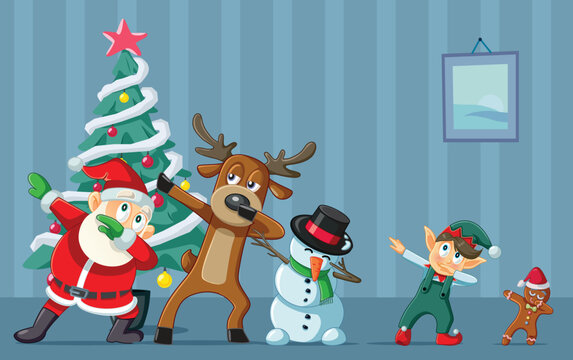 Christmas Characters Dabbing In Front Of A Decorated Tree Illustration. Festive illustration featuring Santa Claus, a reindeer, a snowman, an elf, and a gingerbread man doing a dab dance move
