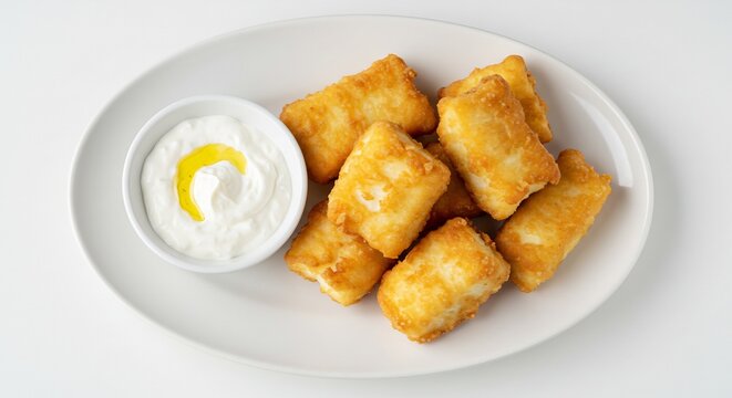 Fried Halloumi Cheese with Dip: Golden-brown, crispy fried halloumi cheese pieces arranged attractively on a white plate, served with a creamy white dip drizzled with olive oil.