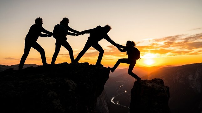 Four hikers forming human chain to cross mountain gap.