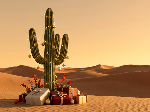 Desert Christmas Cactus with Fairy Lights and Gifts at Sunset