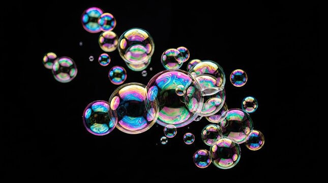 Colorful soap bubbles float and reflect light against a dark dramatic black background