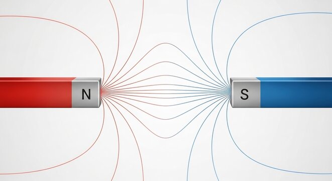 Magnetic Field Interaction: Two bar magnets, one red labeled 'N' and one blue labeled 'S', are positioned facing each other, with magnetic field lines illustrating the attractive force between them.