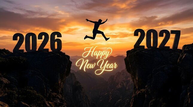 Person jumping from 2026 into the bright new year 2027