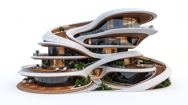 Ultra Modern Futuristic Luxury Villa with Organic Curved White Architecture Glass Facade and Wooden Decks Isolated on White Background.