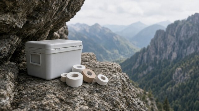 Cooler and tape rolls at shady belay ledge