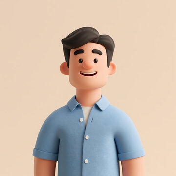 A smiling person wearing a hat and a blue shirt standing against a plain background
