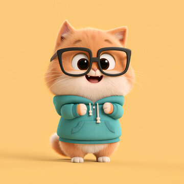 A gray kitten wearing round glasses sitting on a surface