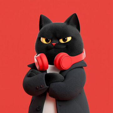 A black cat holds a red heart-shaped object close to its chest