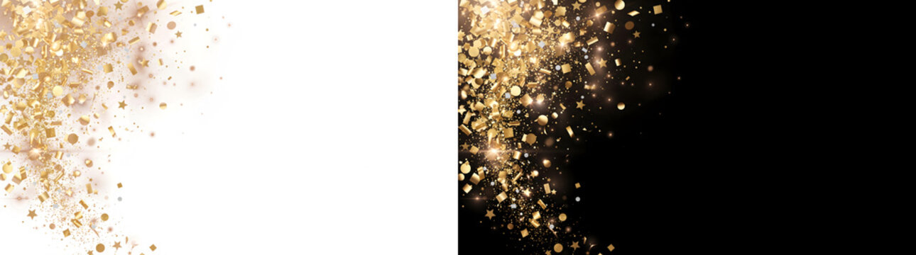 Gold confetti falling from the corner with ribbons and stars for festive party invitation designs with PNG Transparent and Black Background Versions delivered