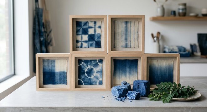 Six square wooden frames display blue and white tie dye fabric samples on a light table with pigment chunks and green foliage in an interior room