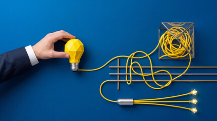 Fototapeta premium Businessman Hand Reaching for Yellow Low Poly Light Bulb Connected by Wires on Blue Background Representing Creative Problem Solving Innovation Strategic Thinking and Complex Idea Management