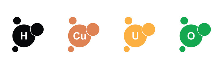Chemical Element Vector Icon Set Featuring Hydrogen H Copper Cu Uranium U and Oxygen O Periodic Table Symbols for Science Education Laboratory and Physics Design © SBR Matrix Studio