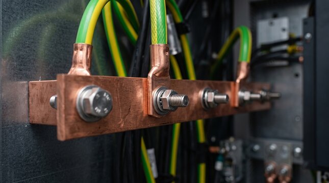 Copper grounding busbar with green yellow electrical earth cables.