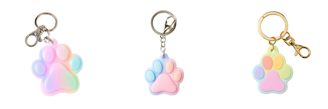 Set of Adorable pastel cat paw keychain in pink and blue gradient colors on transparent png background. Ai generated