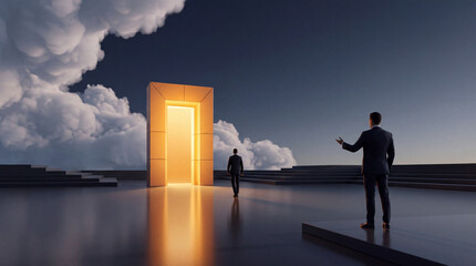 Fototapeta premium Conceptual Business Success Image Showing a Businessman Walking Towards a Glowing Golden Portal or Doorway in a Surreal Cloudy Landscape Symbolizing New Opportunities and Future Career Goals