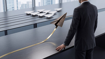 Fototapeta premium Successful Businessman Standing in Modern Office Watching a Bronze Paper Plane Taking Off on a Golden Path Symbolizing Innovation, Leadership, Strategic Growth, and Competitive Business Advantage