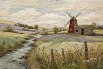 Obraz premium Quilted countryside landscape with windmill beside river