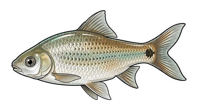 Detailed Vector Illustration of a Silver Freshwater Fish Carp Species Isolated on White Background