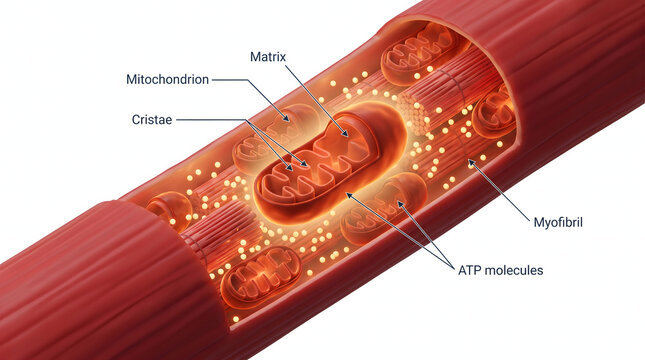 Detailed 3D scientific illustration showcasing the internal structure of a muscle cell. It highlights mitochondria, the cellular powerhouses generating ATP molecules, crucial for muscle contraction...