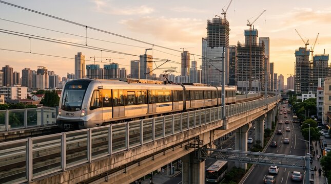 Modern metro train on elevated track against city skyline at sunset, urban public transportation concept