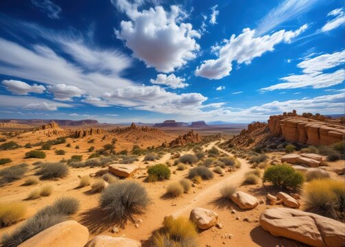 Rocky plateau with dry scrub vegetation and vast blue sky