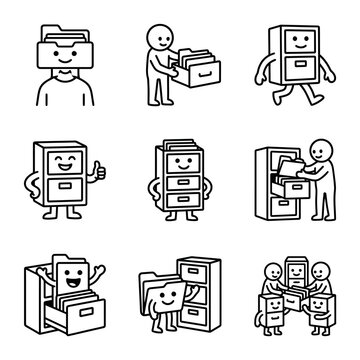 Cute cartoon filing cabinets and folders with faces, icons for organization and data storage