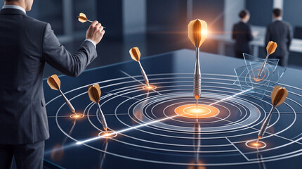 Fototapeta premium Businessman Aiming at Digital Glowing Bullseye on Futuristic Table for Business Strategy Success, Goal Achievement, and Marketing Target Accuracy in Modern Corporate Office Setting