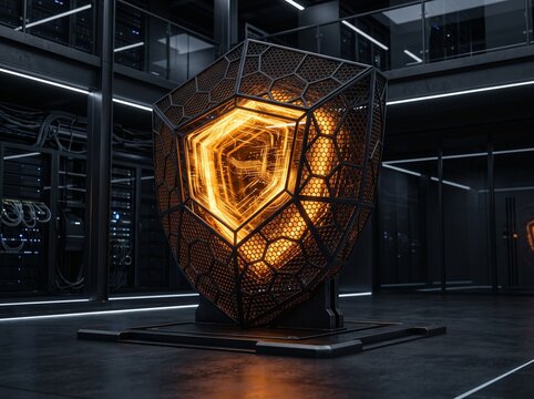 Glowing gold geometric shield floating in a dark modern room