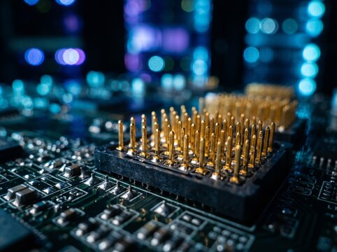 Computer processor chip on a motherboard with blue lights