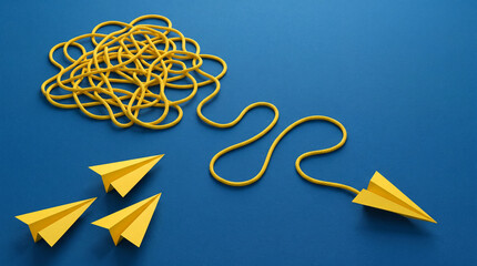 Fototapeta premium Conceptual image of yellow rope tangled in a knot transitioning into a wavy line connected to a paper airplane on a blue background, symbolizing problem solving, innovation, and simple solutions.