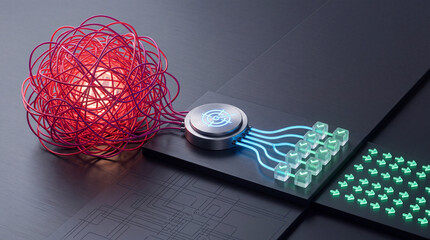 Fototapeta premium Abstract 3D illustration of simplifying complex chaos into organized data, featuring a tangled red wire mess processed through a central hub into structured green cubes and directional arrows.