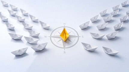 Fototapeta premium Leadership concept with unique yellow paper boat navigating on a compass rose followed by a group of white boats representing business vision, guidance, and strategic direction on white background