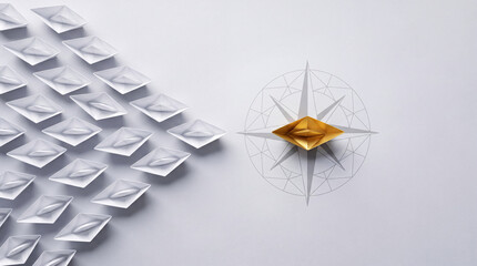 Fototapeta premium Golden Paper Boat Leading a Fleet of White Boats Over a Compass Graphic, Representing Leadership, Visionary Business Strategy, Navigation Towards Success, and Professional Directional Guidance.