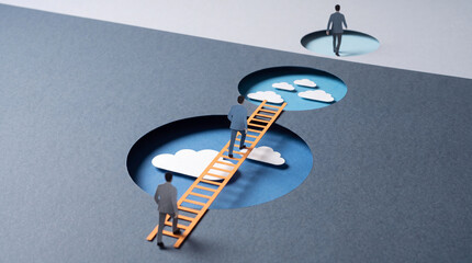 Fototapeta premium Conceptual business image of professional figures using ladders to bridge gaps and climb out of holes toward a sky background representing career growth, success, and strategic corporate planning.