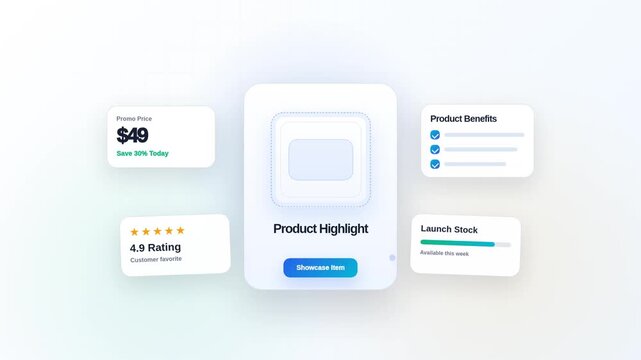 Interactive product highlight card animation featuring floating promotional sales modules and customer rating interface for modern clean digital marketing video