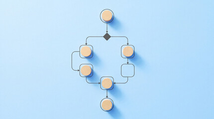 Fototapeta premium Top View of a Business Process Flowchart Concept Using Wooden Circular Blocks and Logic Arrows on a Blue Background, Symbolizing Workflow Automation, Decision Making, and Systematic Management.