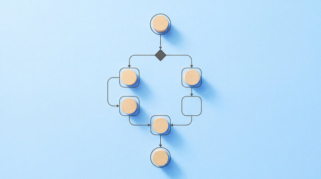 Top View of a Business Process Flowchart Concept Using Wooden Circular Blocks and Logic Arrows on a Blue Background, Symbolizing Workflow Automation, Decision Making, and Systematic Management.