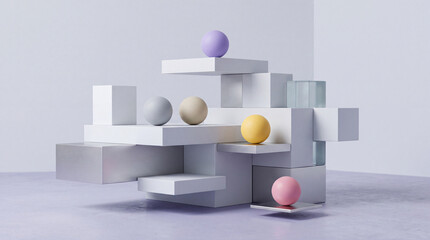 Fototapeta premium Abstract 3D Geometric Composition with White Blocks and Pastel Colored Spheres on a Minimalist Studio Background, Ideal for Product Showcase or Modern Architectural Design Presentation