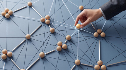 Fototapeta premium Businessperson Hand Placing Wooden Ball into a Complex Connected Network System Representing Global Networking Professional Communication Social Infrastructure and Strategic Business Management