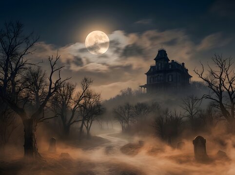 Spooky haunted house silhouetted against a full moon on a misty halloween night