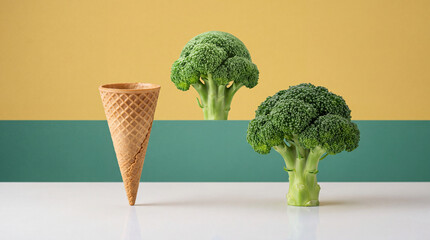 Fototapeta premium Conceptual image of healthy eating and nutrition substitution featuring an empty waffle ice cream cone beside fresh green broccoli florets on a colorful minimalist background