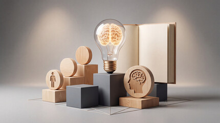 Fototapeta premium Conceptual representation of human intelligence and innovation featuring a glowing light bulb with a brain filament, wooden blocks, and an open book symbolizing knowledge, creative thinking, and